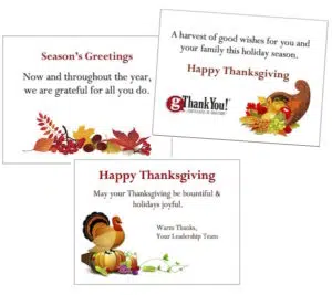 Add a personalized note of thanks with our free cards to share with your thanksgiving gift certificates!
