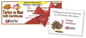gThankYou! Turkey Or Ham Gift Certificates come with FREE Enclosure Cards for your Holiday 'Thanks'.