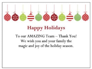 Free Holiday Card - "Red Green Ornaments". Wrap your employee holiday gifts in gratitude!