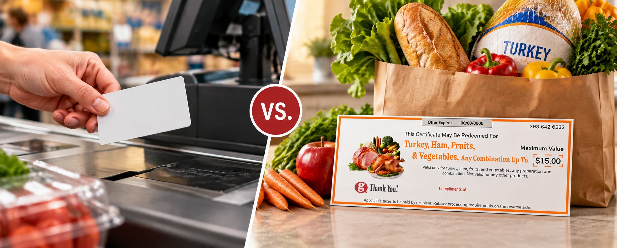 Someone checking out with a grocery store gift card vs a bag of groceries purchased with a gThankYou gift certificate
