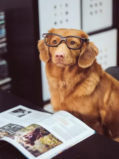 Dog in glasses reading