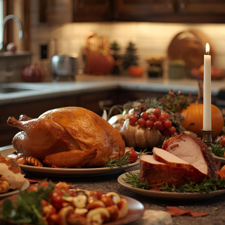 Festive holiday table with Turkey and Ham Gift Certificates for the perfect holiday meal.
